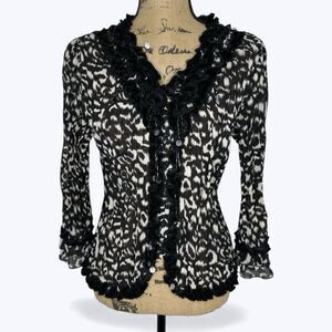 Choices Sheer Animal Print Top‎ Sz M Ruffle Velvet Trim Sequins Indie Sleaze Y2K